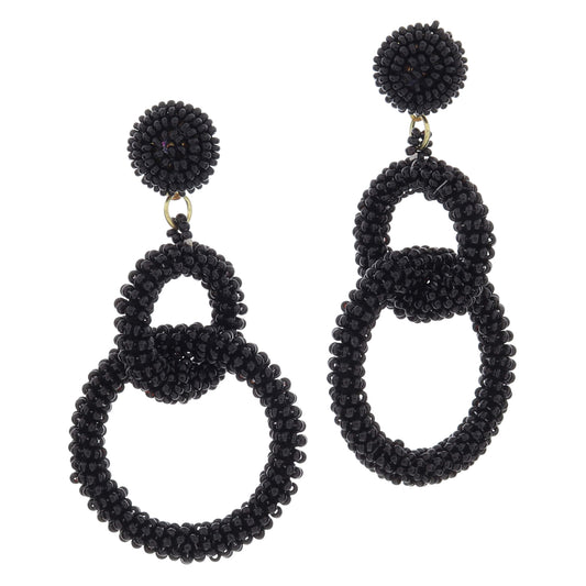 Black Beaded Post with Interlocked Black Beaded Circles Earrings, 3.25" Top to Bottom