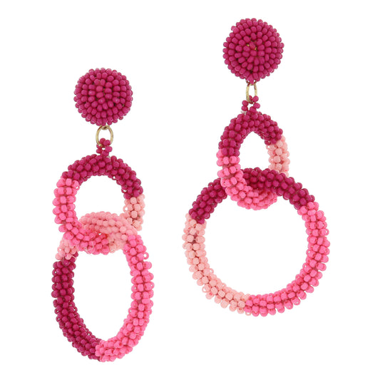Dark Pink Beaded Post with Interlocked Pink Colorblock Beaded Circles Earrings, 3.25" Top to Bottom