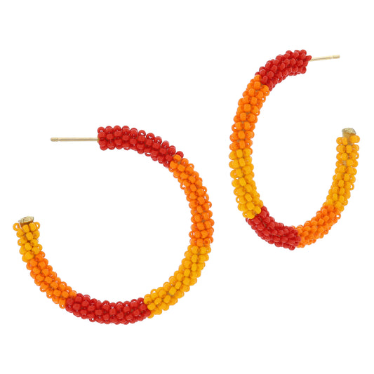 Mullti Orange Colorblock Beaded Hoop Earrings, 2" Top to Bottom