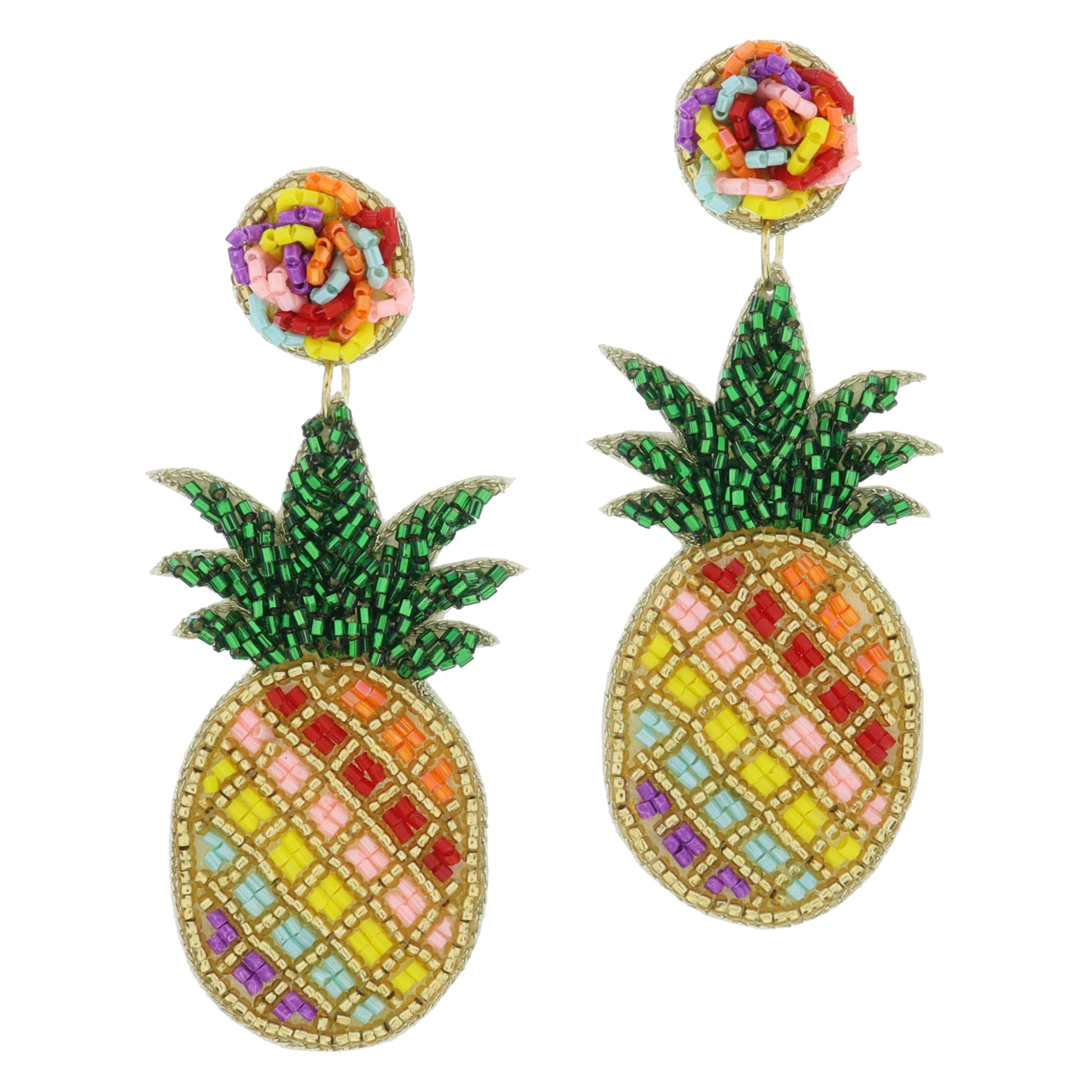 Multi Wavy Beaded Post and Green, Gold, Multi Beaded Pineapple Earrings, 3" Top to Bottom