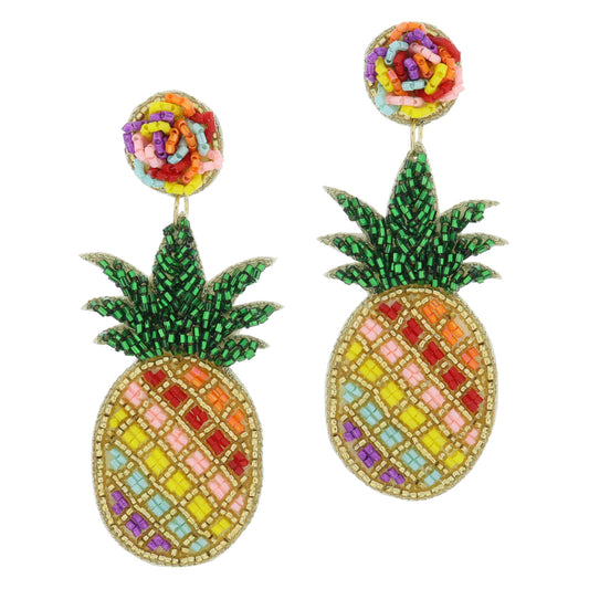 Multi Wavy Beaded Post and Green, Gold, Multi Beaded Pineapple Earrings, 3" Top to Bottom