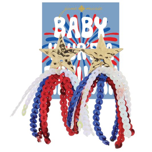 Gold Hammered Star Post with Red, Blue, Iridescent White Sequin Tassel Earrings, 2.5" Top to Bottom