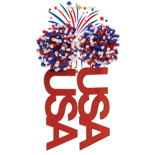 Red, White, Blue Beaded Loop Pom Post and Metallic Red "USA" Acrylic Earrings, 3.75" Top to Bottom