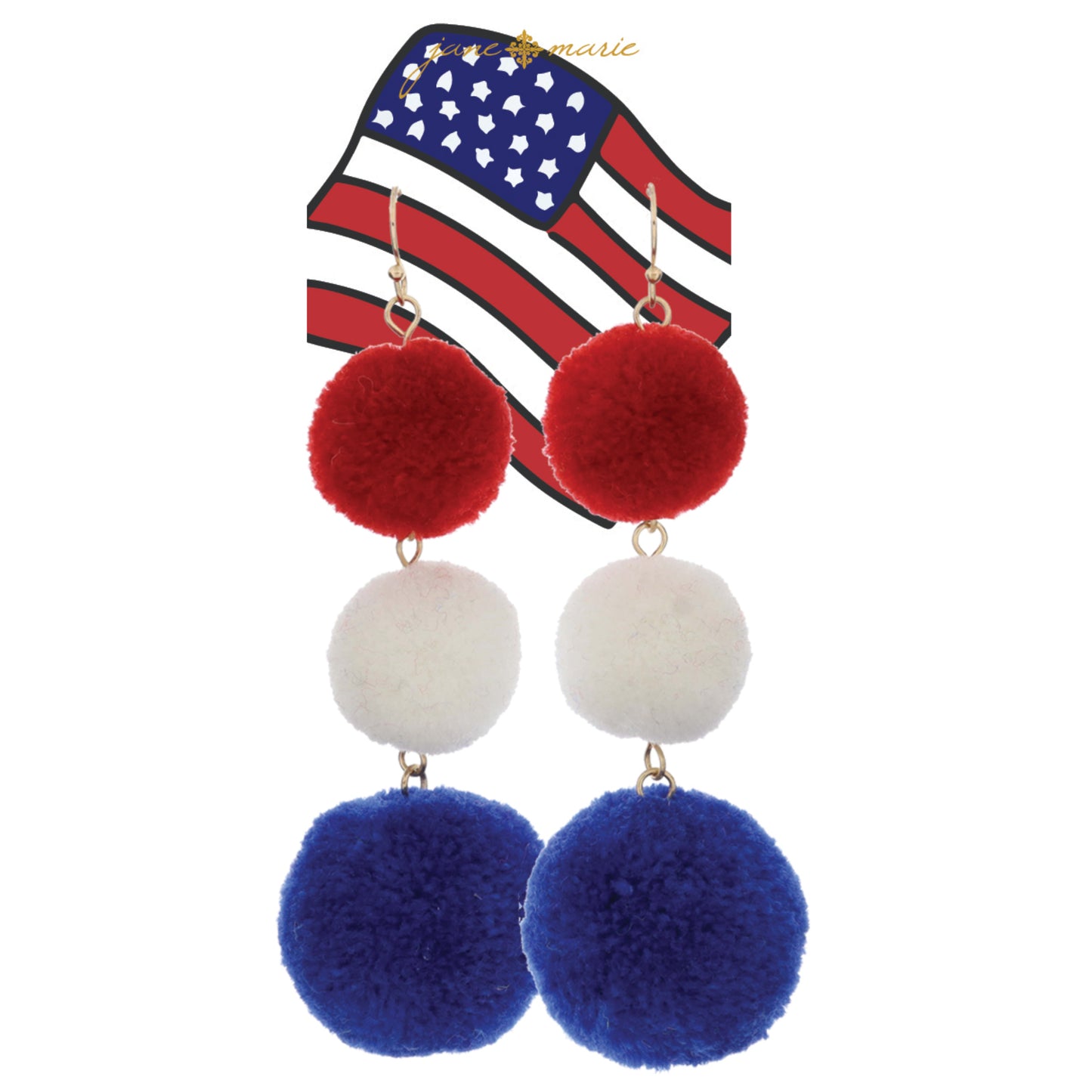 Tierred Red Pom, White Pom, Blue Pom Earrings, 3.75" Top to Bottom