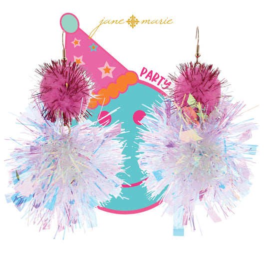 Pink Pom with Hot Pink Tinsel Tassels and AB Iridescent Tinsel Pom Earrings, 3.5" Top to Bottom