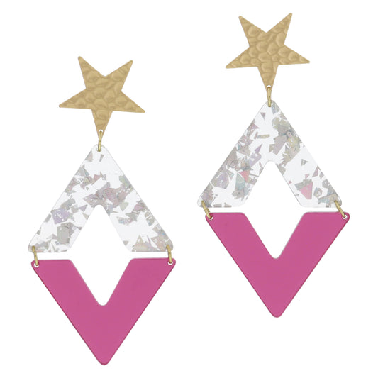 Gold Star Post with Confetti Resin Arch & Metallic Pink Acrylic Arch Earrings, 3.15" Top to Bottom