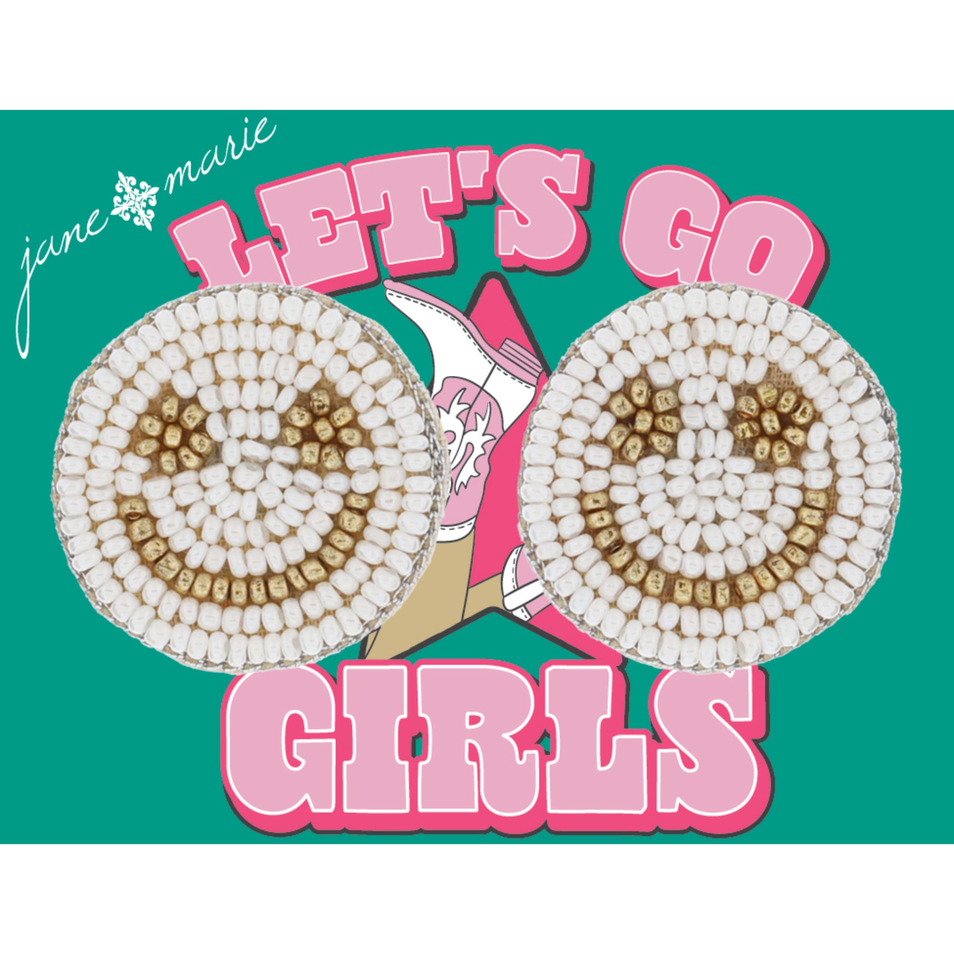 White and Gold Beaded Happy Face Circle Earrings, 1.15" Top to Bottom