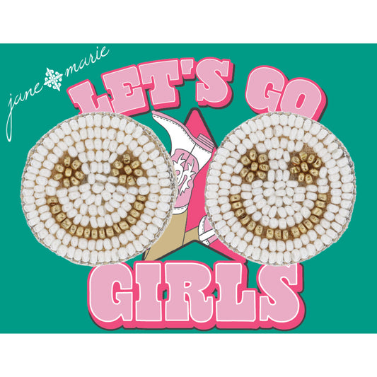White and Gold Beaded Happy Face Circle Earrings, 1.15" Top to Bottom