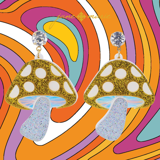 Crystal Post with Golden Glitter, White, Iridescent, Glitter Mushroom Earrings, 2.35" Top to Bottom