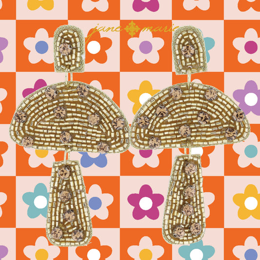 Gold Beaded Post and Mushroom with Golden Champagne Crystal Accents Earrings, 2.75" Top to Bottom