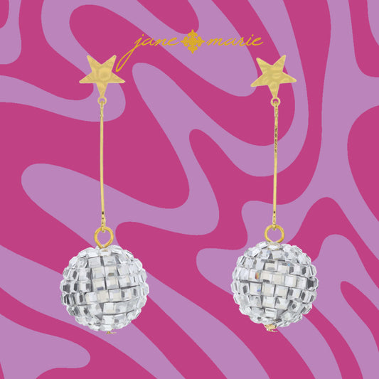 Mini Hammered Gold Star Post and Bar Drop with Silver Gem Disco Ball Earrings, 2.5" Top to Bottom