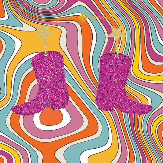 Mini Hammered Gold Star Post with Fuchsia Glitter Resin Cowgirl Boot Earrings, 1.75" Top to Bottom