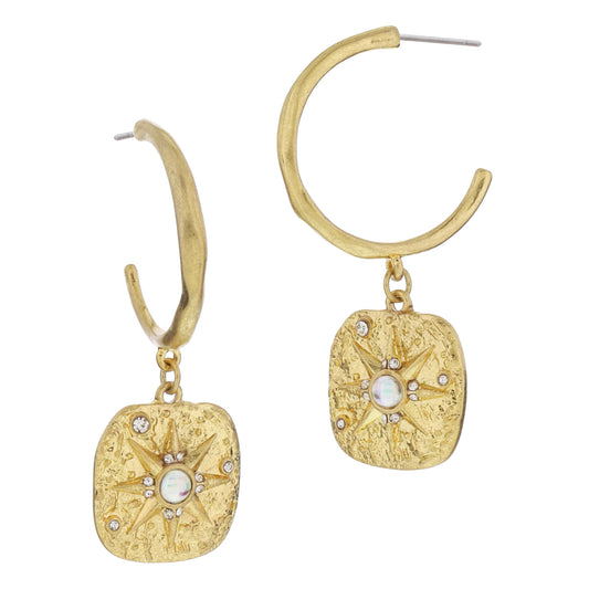 Thin Gold Hoop & Square with AB Opalite Starburst with Crystal Accents Earrings, 2" Top to Bottom