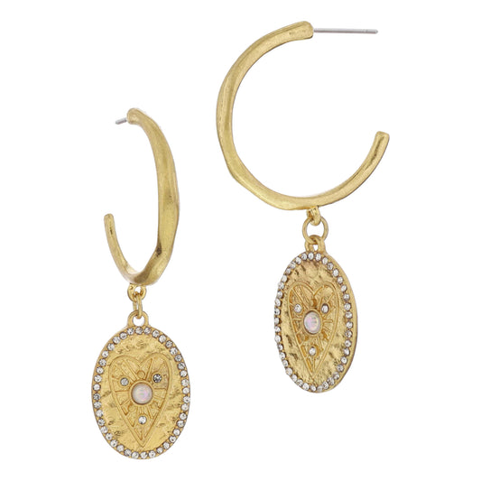 Thin Gold Hoop & Oval Disc with AB Opalite Heart with Crystal Edge Earrings, 2.15" Top to Bottom