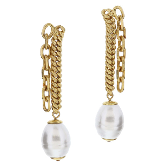 Gold Duo Cable and Tight Curb Chain Dangles with Chunky Pearl Drop Earrings, 2.65" Top to Bottom