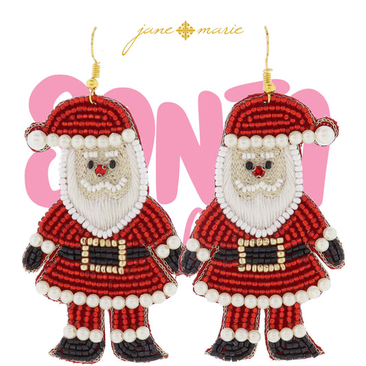 Multi Beaded Santa with Pearl Beaded Accents and Red Crystal Nose Earrings, 3" Top to Bottom