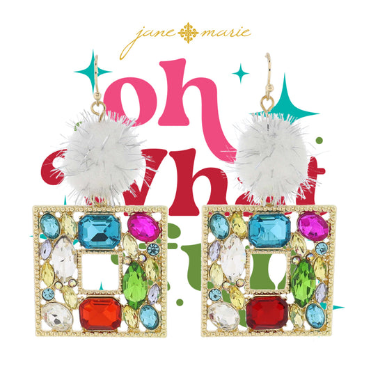 White with Silver Tinsel Accents & Multi Crystal Embellished Square Earrings, 2.25" Top to Bottom