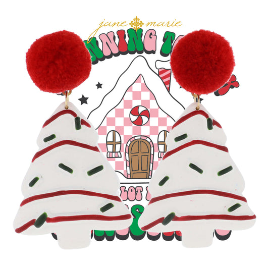 Red Pom with Christmas Tree Cake Dangle Earrings, 3" Top to Bottom