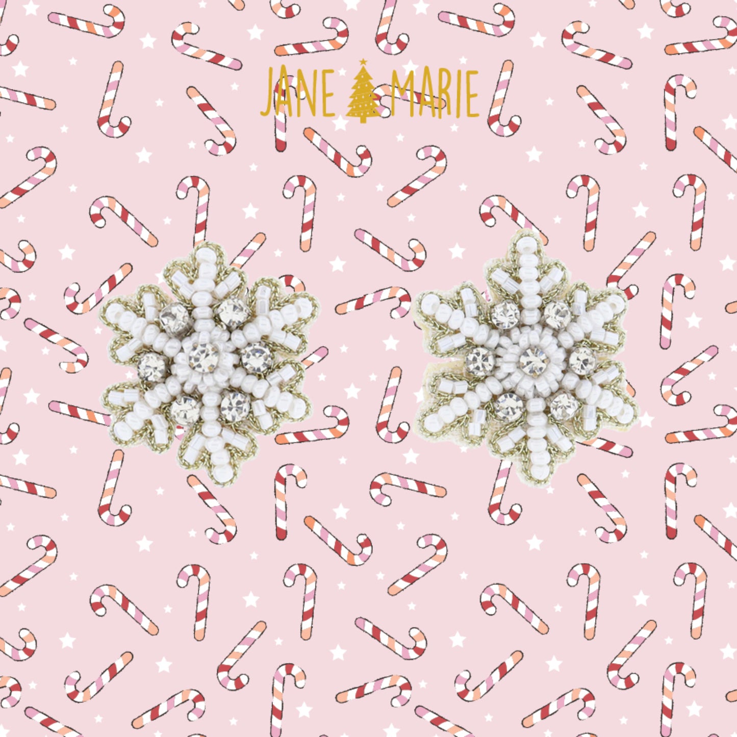 White and Silver Beaded Snowflake with Crystal Accents Earrings, 1" Top to Bottom