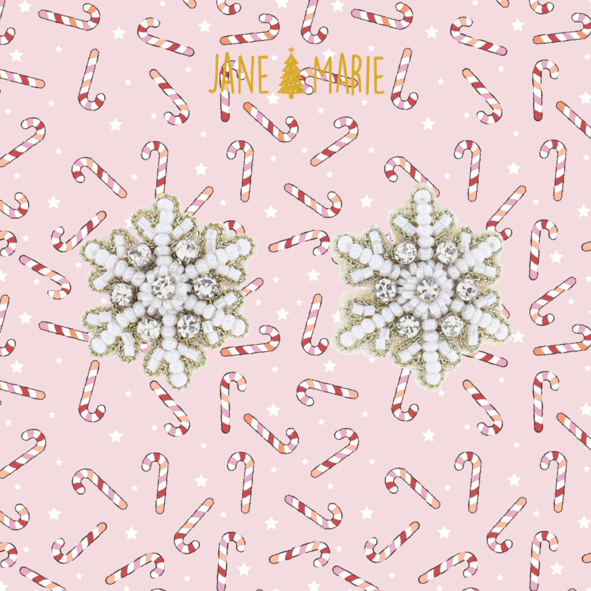 White and Silver Beaded Snowflake with Crystal Accents Earrings, 1" Top to Bottom