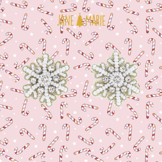 White and Silver Beaded Snowflake with Crystal Accents Earrings, 1" Top to Bottom