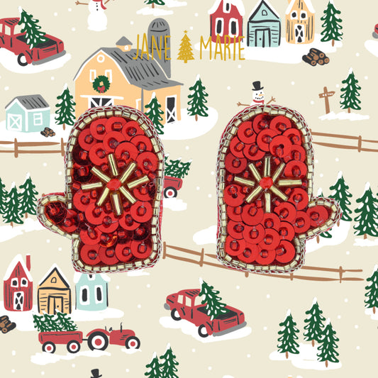 Red Sequin and Gold Beaded Starburst Mitten Earrings, 1.5" Top to Bottom