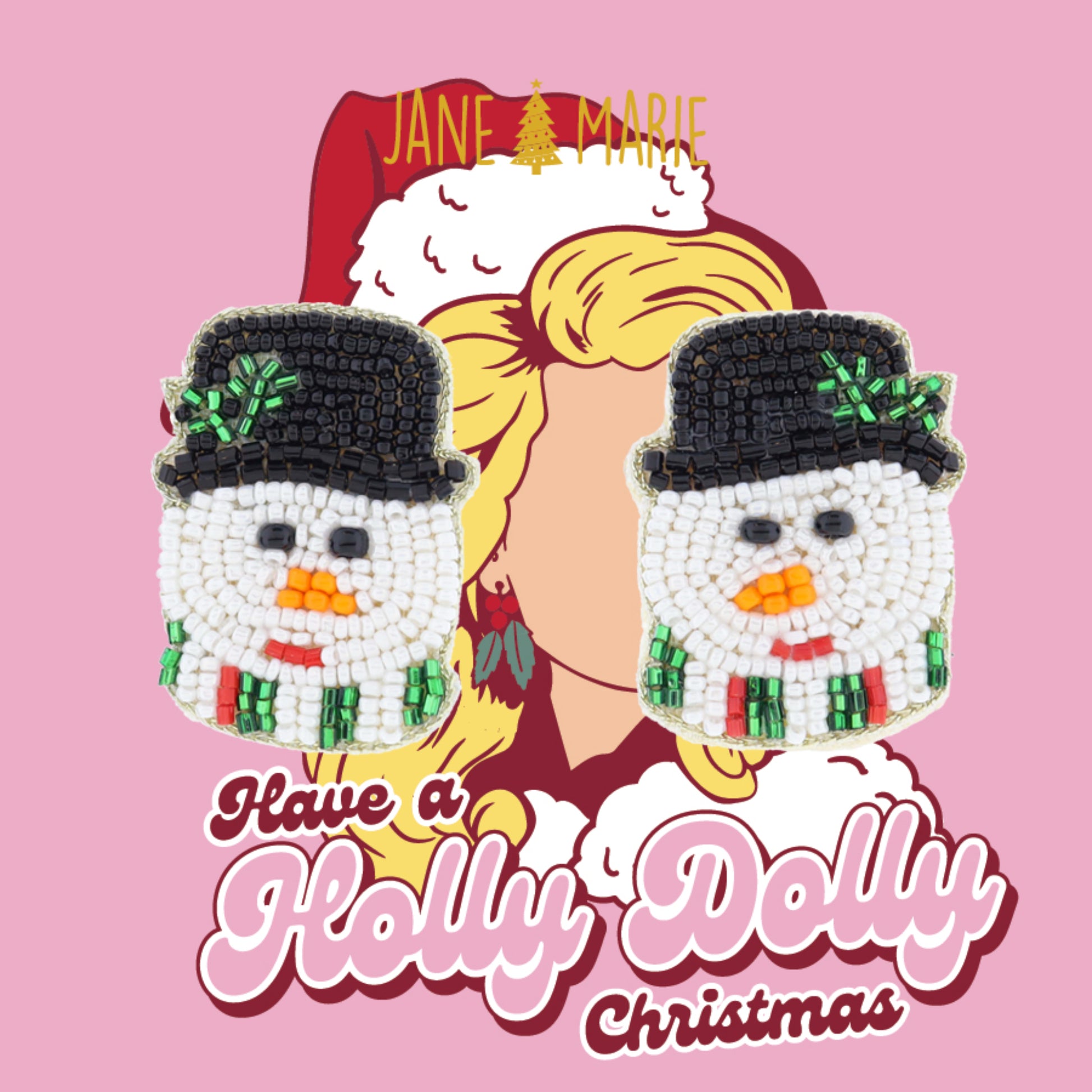 Multi Beaded Snowman Head with Black Hat Earrings, 1.35" Top to Bottom