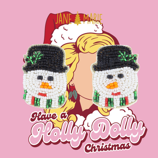 Multi Beaded Snowman Head with Black Hat Earrings, 1.35" Top to Bottom