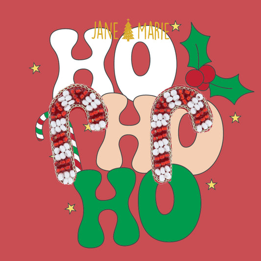 Red and White Beaded Candy Cane Earrings, 1.25" Top to Bottom