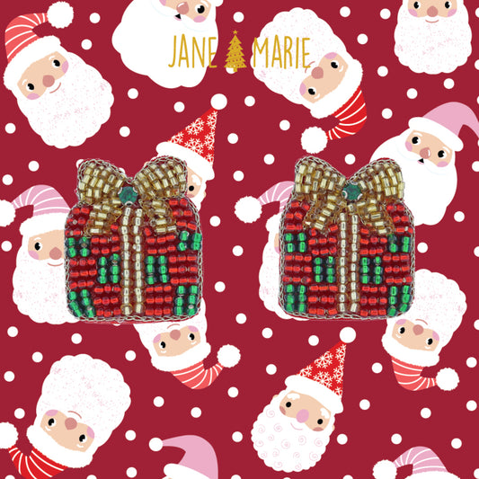 Red and Green Checkered with Gold Bow Beaded Present Earrings, 1.15" Top to Bottom