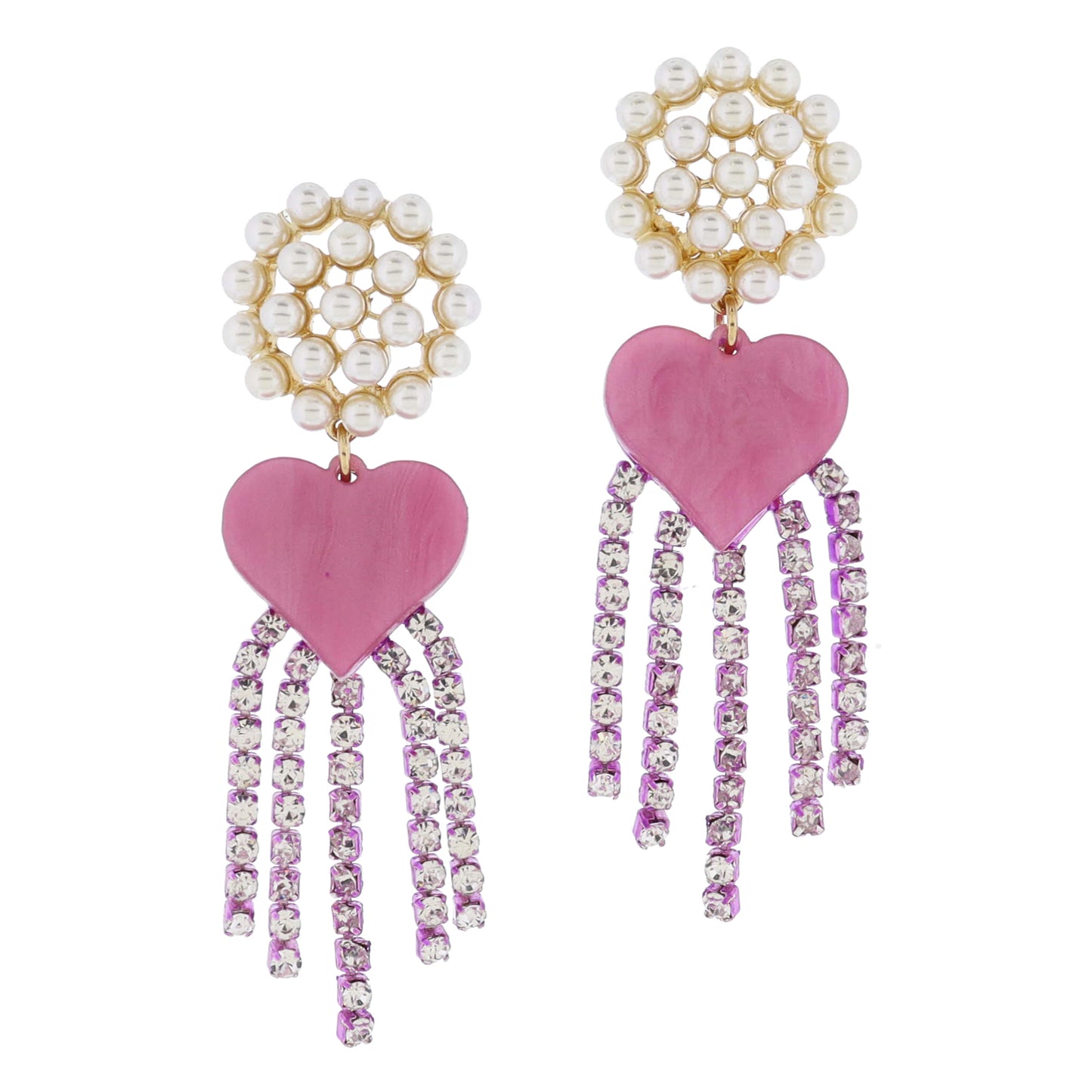 Pearl Stud Post with Shimmery Pink Resin Heart and Metallic Pink and Clear Crystal Tassels Earrings, 3" Top to Bottom