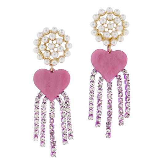 Pearl Stud Post with Shimmery Pink Resin Heart and Metallic Pink and Clear Crystal Tassels Earrings, 3" Top to Bottom