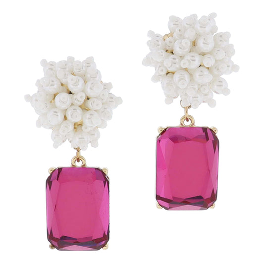 Pearl and White Beaded Pom Post with Large Fuchsia Emerald Crystal Earrings, 2.75" Top to Bottom