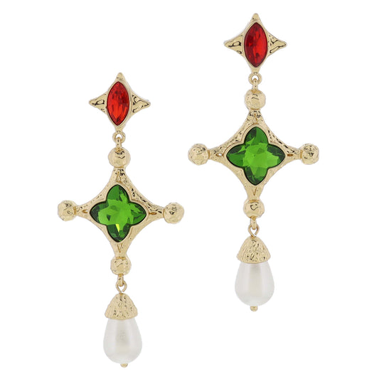 Red Marquise Crystal, Gold Diamond & Green Quatrefoil Crystal, Pearl Earring, 3" Top to Bottom Wide