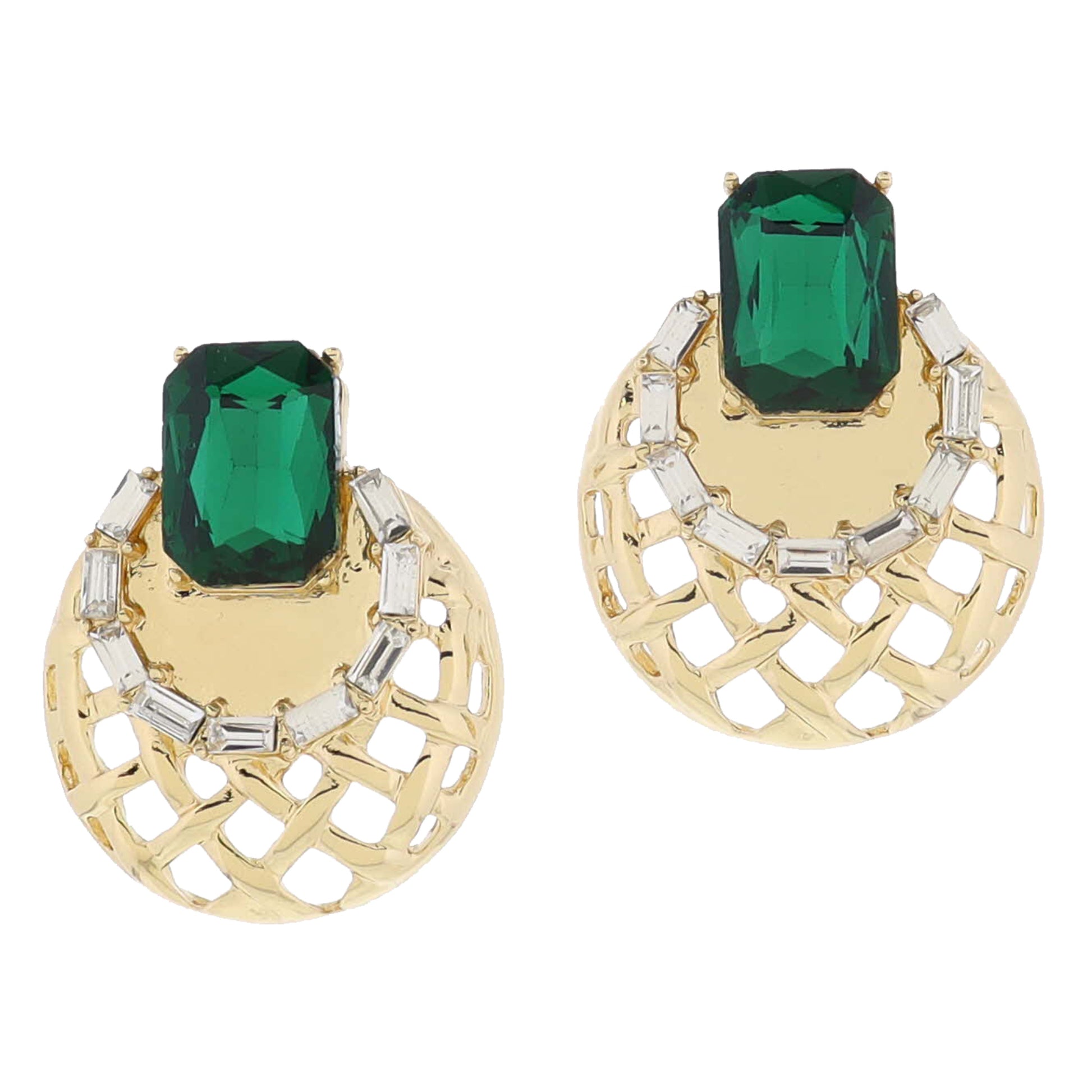 Emerald Green Crystal Post & Crystal Baguette on Woven Gold Disc Earrings, 1.25" Top to Bottom Wide