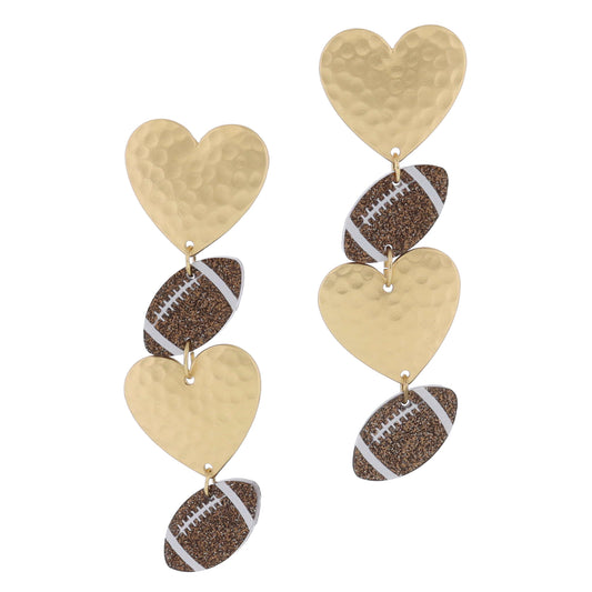 Stacked Gold Hammered Heart Post and Brown Glitter Acrylic Footballs Earrings, 3" Top to Bottom