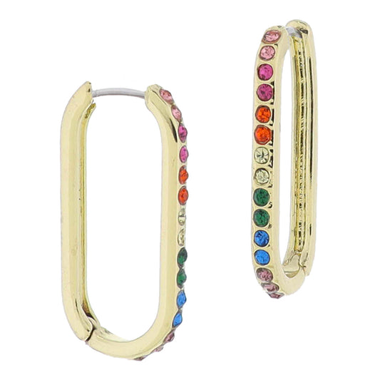 18K Gold Plated Multi Crystal Long Oval Huggie Earrings, 1.25" Top to Bottom