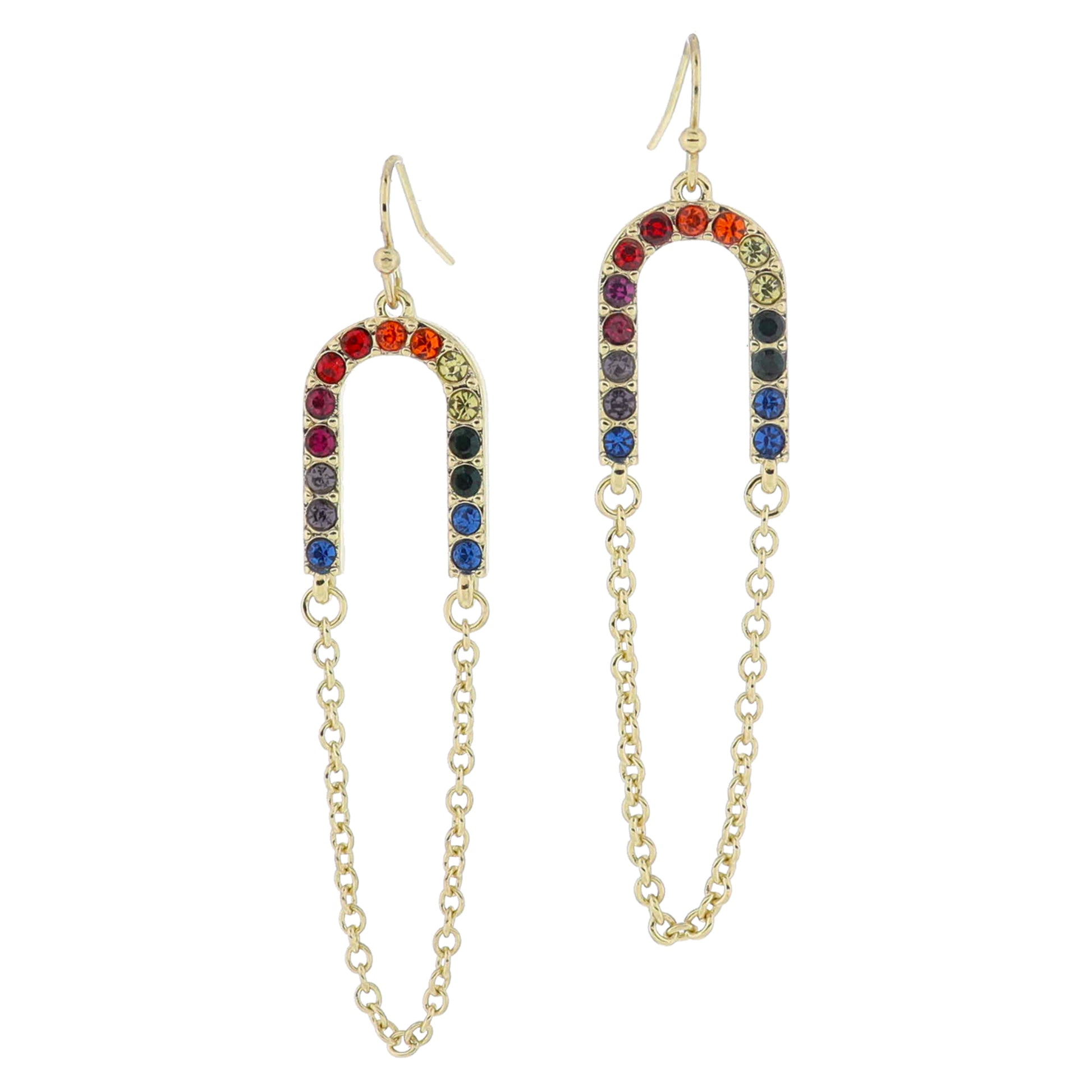18K Gold Plated Multi Crystal Arch with Connecting Chain Loop Earrings, 2.5" Top to Bottom
