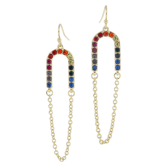 18K Gold Plated Multi Crystal Arch with Connecting Chain Loop Earrings, 2.5" Top to Bottom