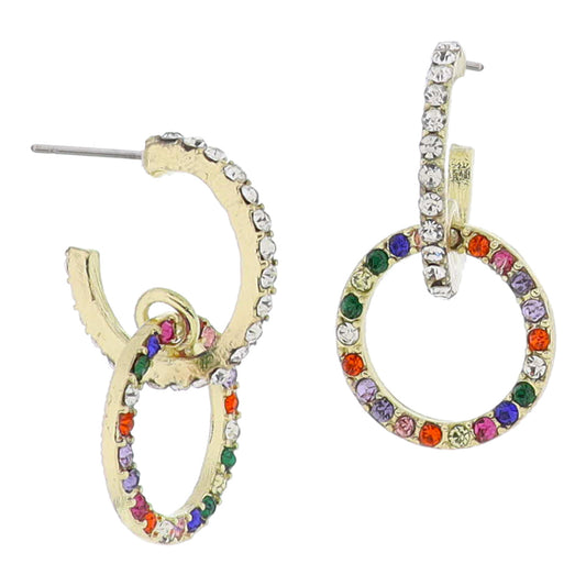 18K Gold Plated Clear Crystal Hoop with Multi Crystal Circle Earrings, 1.25" Top to Bottom