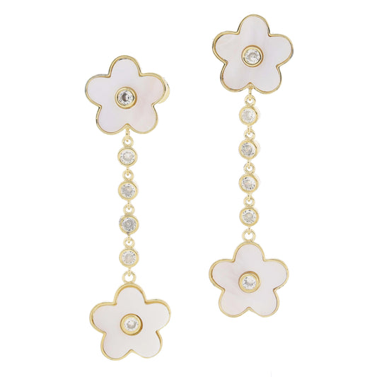 18K Gold Plated Shell Inlay Flower with Crystal Post & Drop on Crystal Earrings, 2.5" Top to Bottom