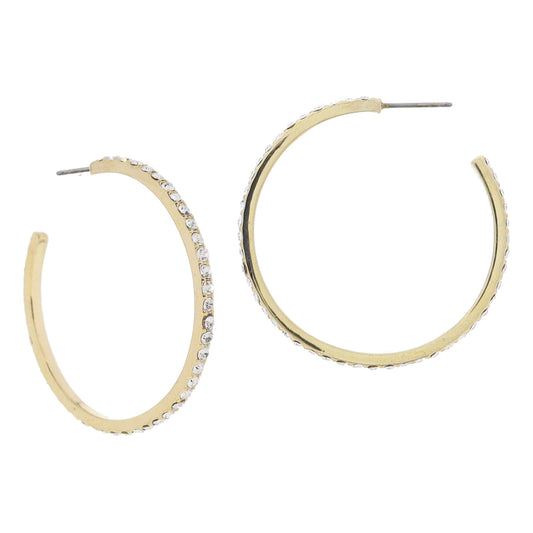 18K Gold Plated Thin Medium Crystal Hoop Earrings, 1" Top to Bottom