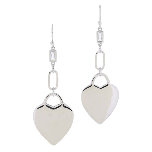 18K Gold Plated Silver Baguette Crystal, Silver Links & Padlock Heart Earrings, 2" Top to Bottom