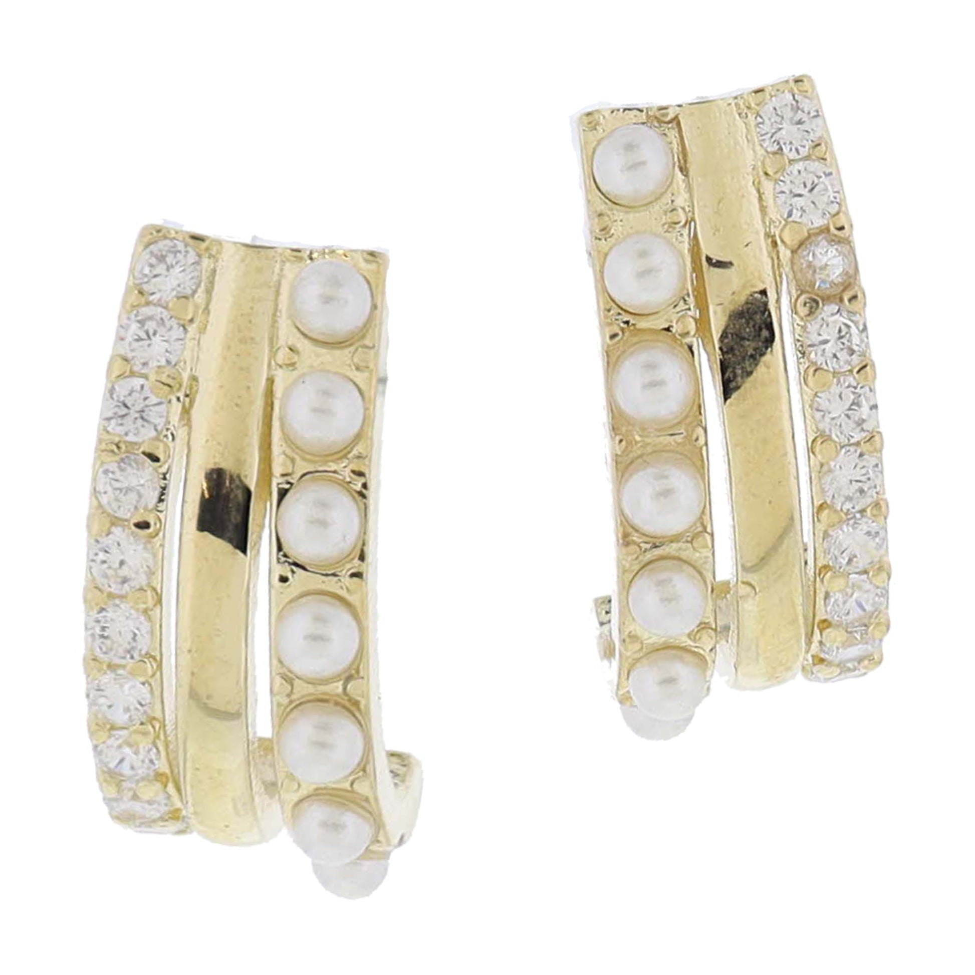 18K Gold Plated Clear Crystal, Gold, Pearl Trio Elongated J-Hoop Earrings, .75" Top to Bottom