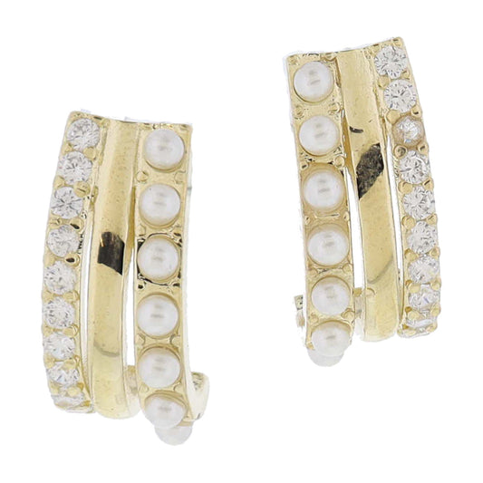 18K Gold Plated Clear Crystal, Gold, Pearl Trio Elongated J-Hoop Earrings, .75" Top to Bottom