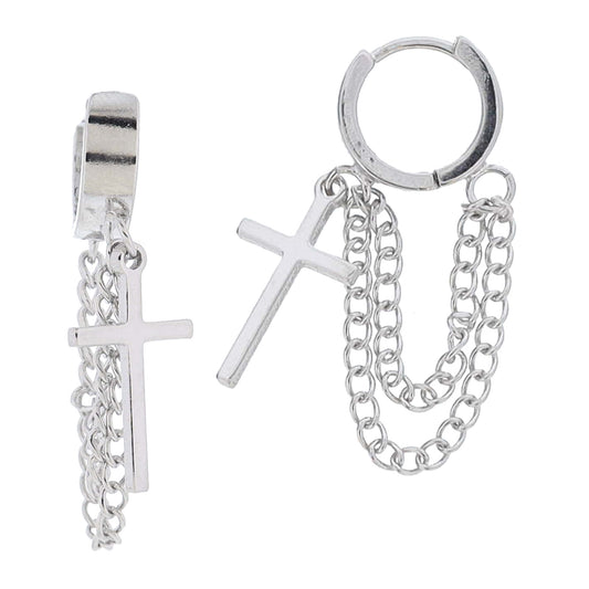 18K Gold Plated Silver Huggie with Silver Cross & Double Drapped Chain Earrings, .85" Top to Bottom