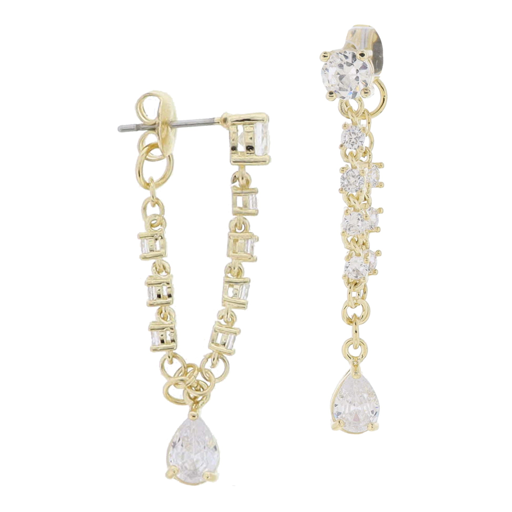 18K Gold Plated Crystal Post, Crystal Wrap Chain & Teardrop Dangle Earrings, 1.65" Top to Bottom