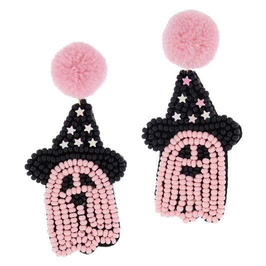 Pink Pom Post with Pink Ghost in Black Witch Hat & Pink Star Accents Earrings, 2.35" Top to Bottom