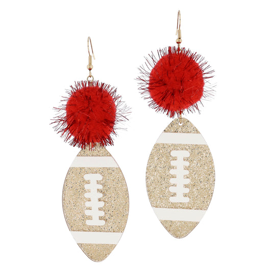Red Tinsel Pom and Golden Glitter Acrylic Football Earrings, 3.5" Top to Bottom