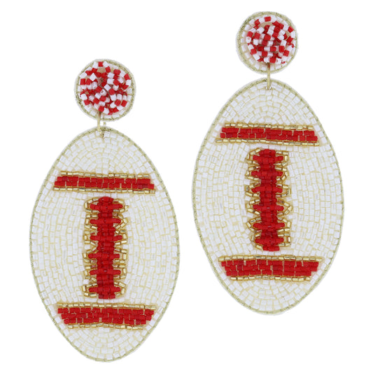 Red and Ivory Beaded Post with Red, Ivory, Gold Beaded Football Earrings, 3.25" Top to Bottom